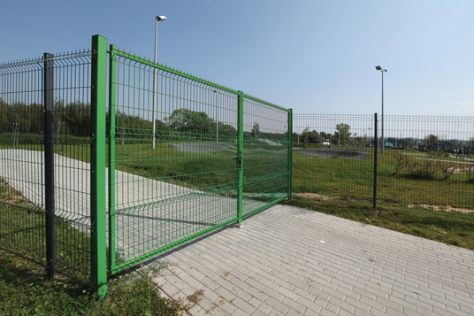 Green mesh security fencing with matching mesh gate