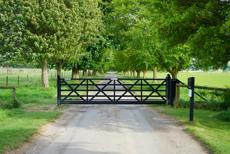 Five-bar style gate across a tree-lined rural track