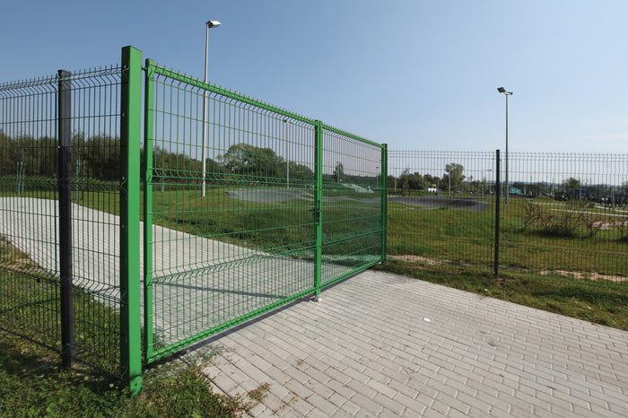 Green mesh security fencing with matching mesh gate