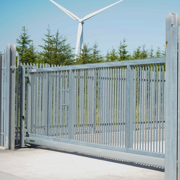 Galvanised vertical bar cantilever sliding gate at a wind farm site